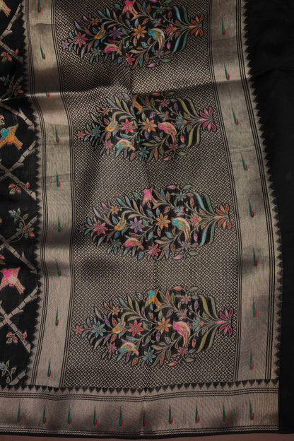 Tussar Banarasi Raw Silk Saree with Floral Paithani Weaves – Black