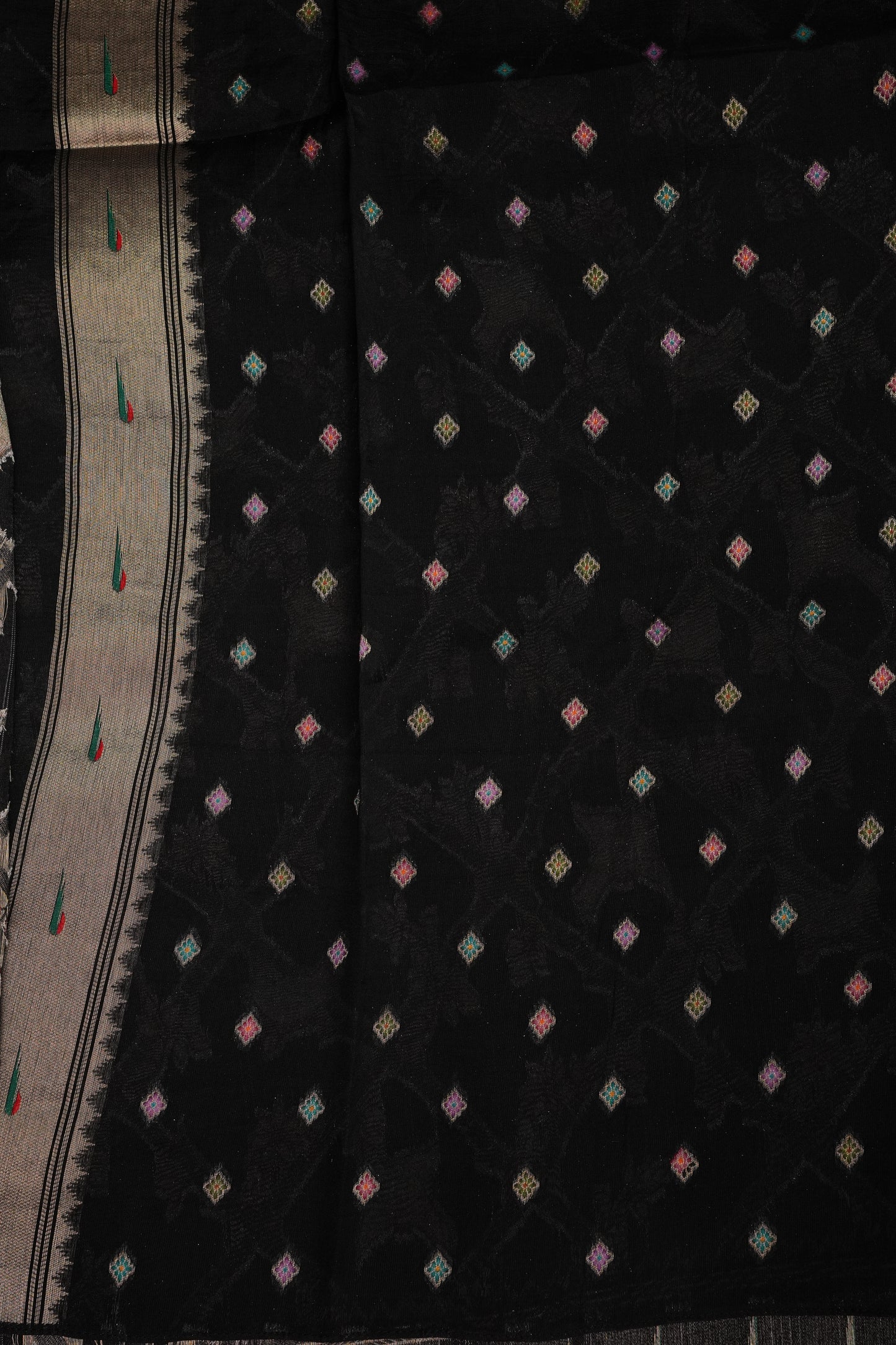Tussar Banarasi Raw Silk Saree with Floral Paithani Weaves – Black