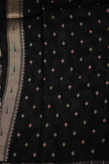 Tussar Banarasi Raw Silk Saree with Floral Paithani Weaves – Black