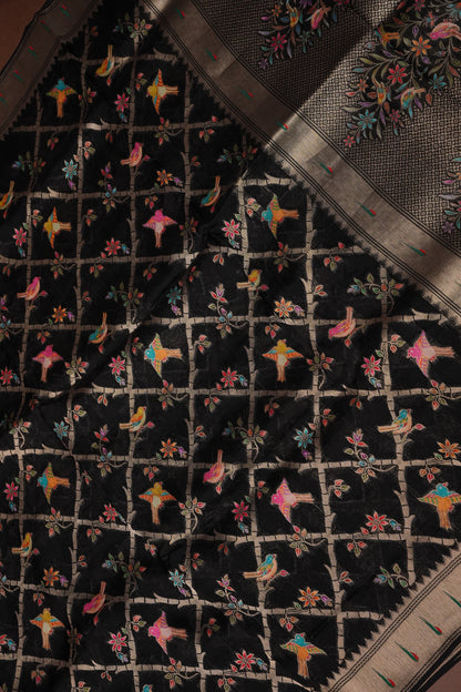 Tussar Banarasi Raw Silk Saree with Floral Paithani Weaves – Black
