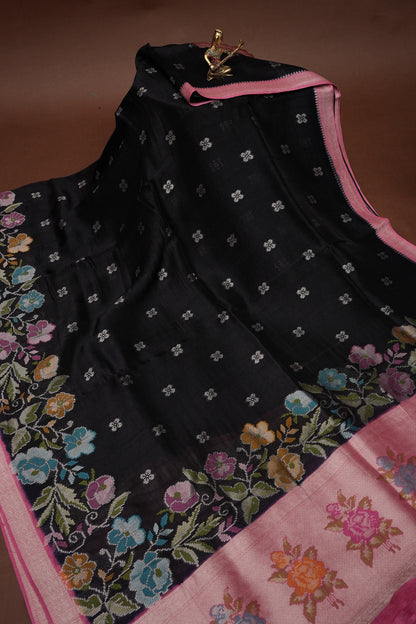 Tussar Banarasi Raw Silk Saree with Floral Paithani Weaves – Bottle Green & Pink