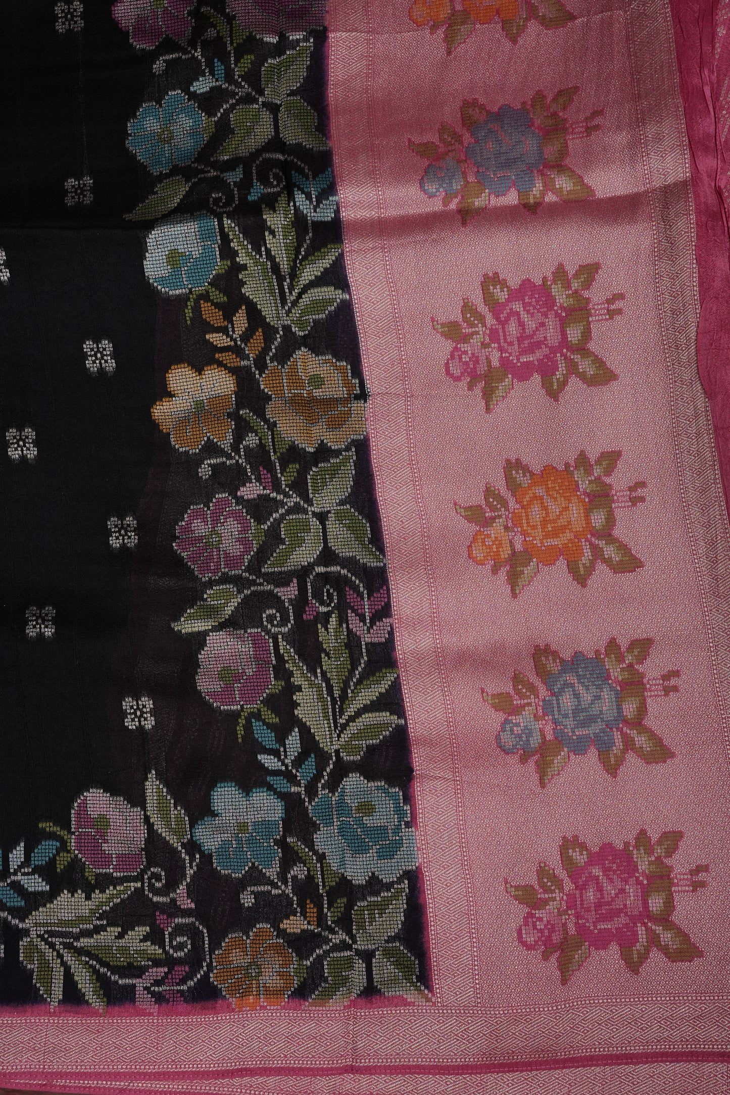 Tussar Banarasi Raw Silk Saree with Floral Paithani Weaves – Bottle Green & Pink