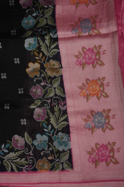 Tussar Banarasi Raw Silk Saree with Floral Paithani Weaves – Bottle Green & Pink