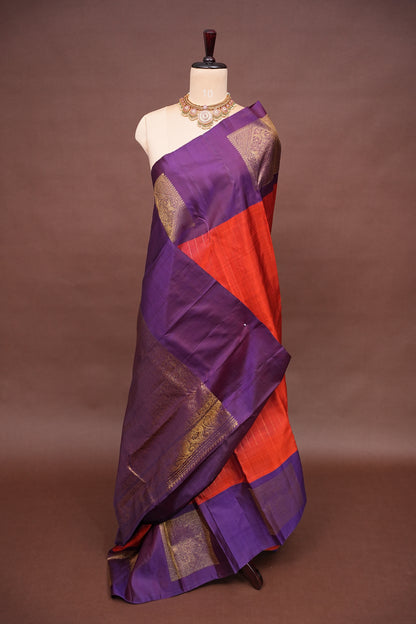 Rust & Purple Pure Kanchivaram Silk Saree with Antique Zari Border|Silk Mark Certified