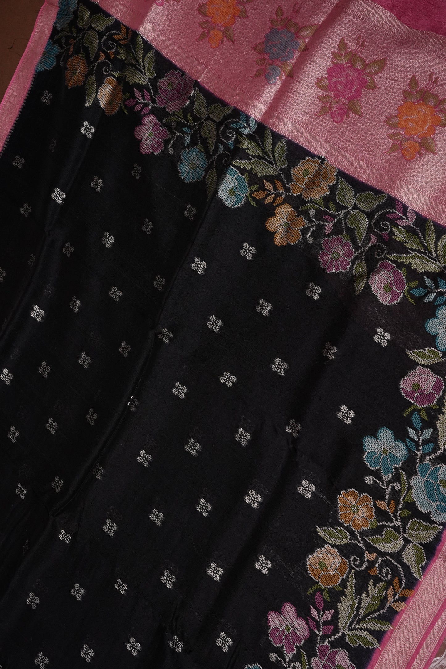 Tussar Banarasi Raw Silk Saree with Floral Paithani Weaves – Bottle Green & Pink