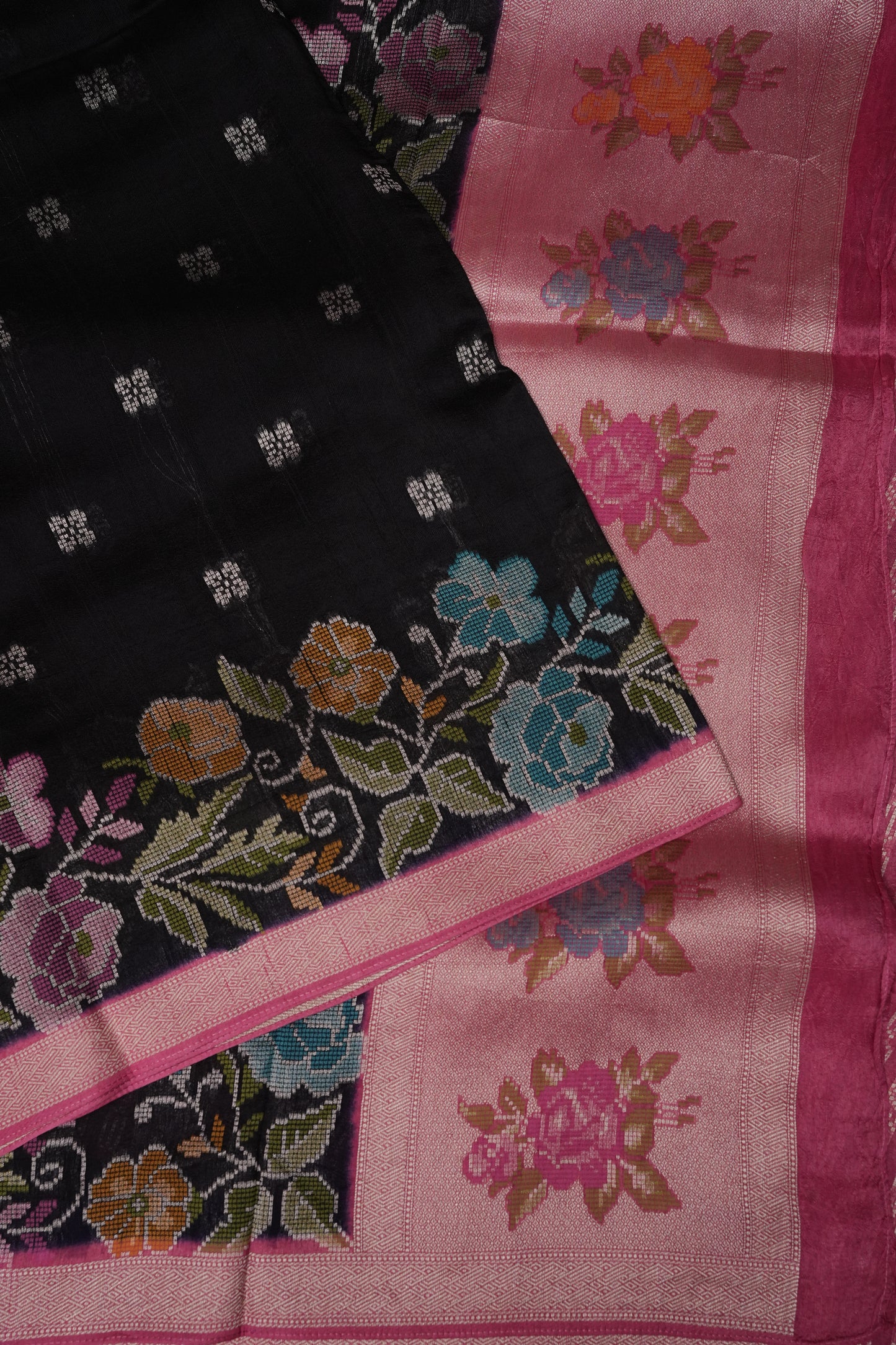 Tussar Banarasi Raw Silk Saree with Floral Paithani Weaves – Bottle Green & Pink