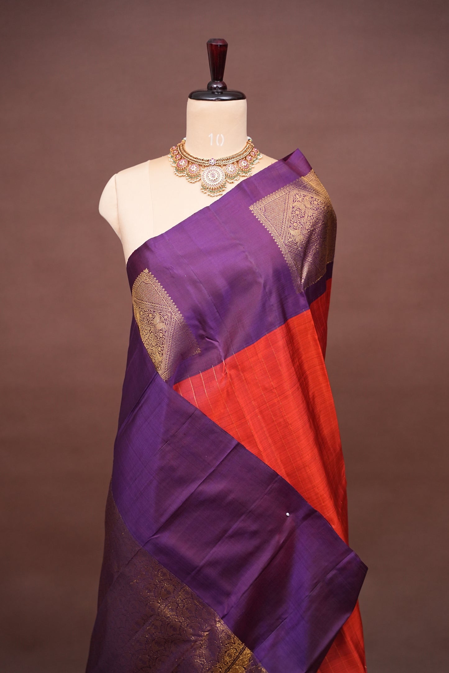 Rust & Purple Pure Kanchivaram Silk Saree with Antique Zari Border|Silk Mark Certified