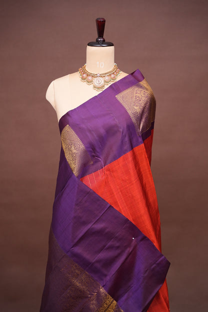 Rust & Purple Pure Kanchivaram Silk Saree with Antique Zari Border|Silk Mark Certified