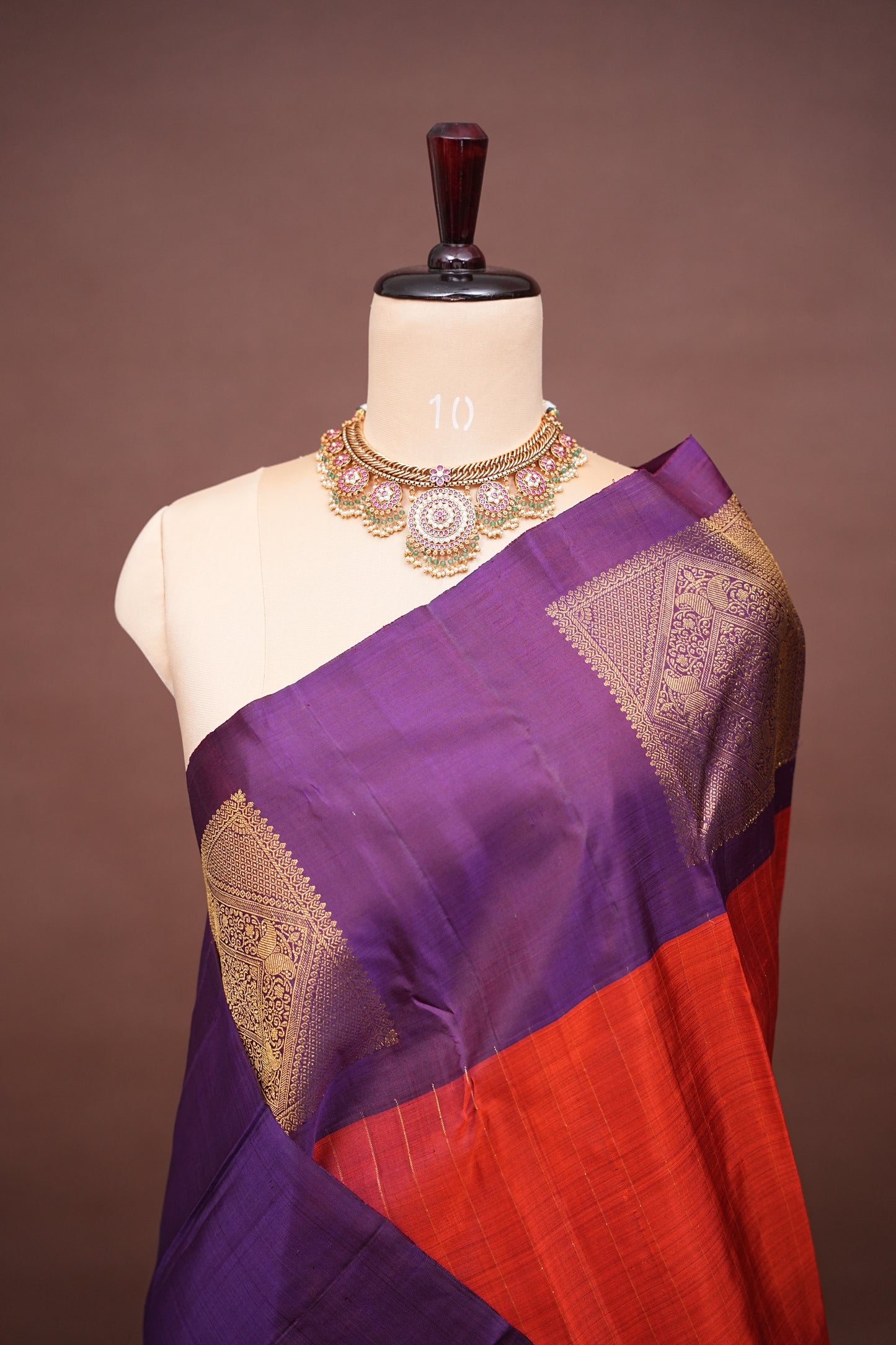 Rust & Purple Pure Kanchivaram Silk Saree with Antique Zari Border|Silk Mark Certified