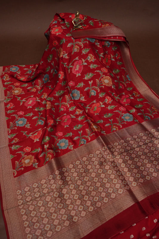 Tussar Banarasi Raw Silk Saree with Floral Paithani Weaves – Deep Red