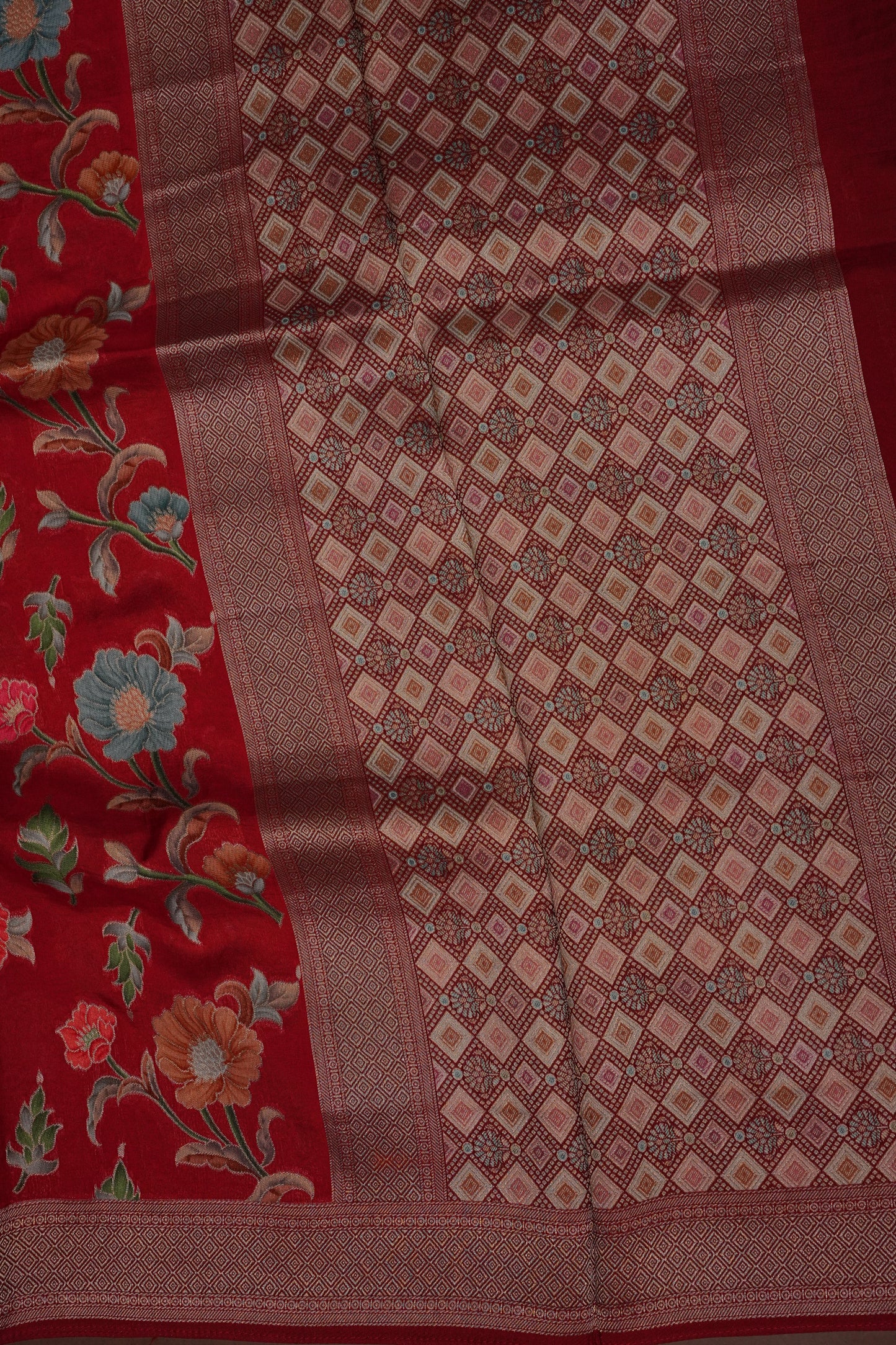 Tussar Banarasi Raw Silk Saree with Floral Paithani Weaves – Deep Red
