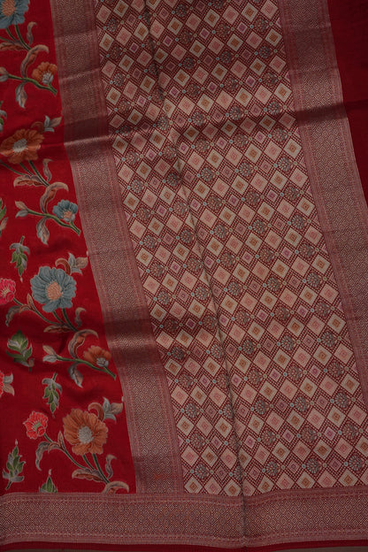 Tussar Banarasi Raw Silk Saree with Floral Paithani Weaves – Deep Red