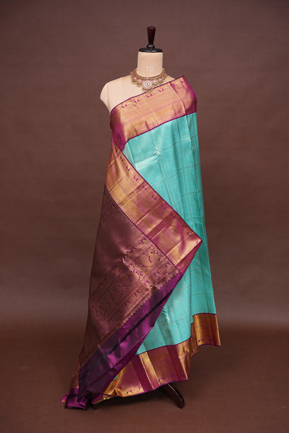 Aqua Blue Pure Kanchivaram Silk Saree with Contrast Purple Border & Rich 2 Gram Zari|Silk Mark Certified