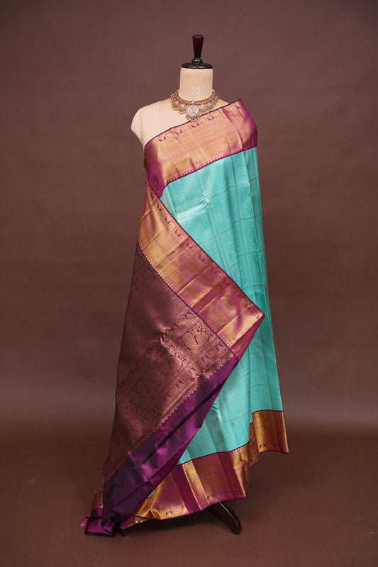 Aqua Blue Pure Kanchivaram Silk Saree with Contrast Purple Border & Rich 2 Gram Zari|Silk Mark Certified
