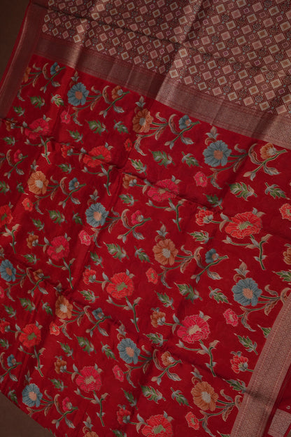 Tussar Banarasi Raw Silk Saree with Floral Paithani Weaves – Deep Red