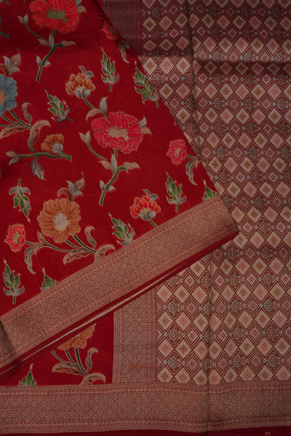 Tussar Banarasi Raw Silk Saree with Floral Paithani Weaves – Deep Red