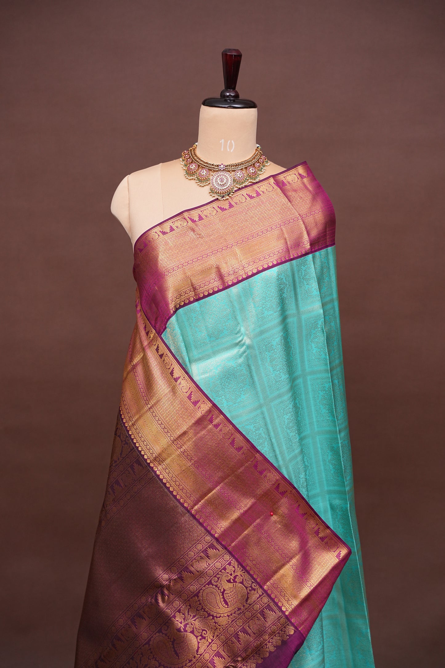 Aqua Blue Pure Kanchivaram Silk Saree with Contrast Purple Border & Rich 2 Gram Zari|Silk Mark Certified