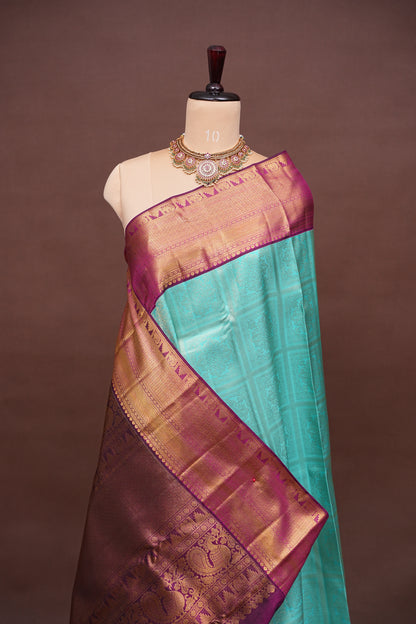 Aqua Blue Pure Kanchivaram Silk Saree with Contrast Purple Border & Rich 2 Gram Zari|Silk Mark Certified