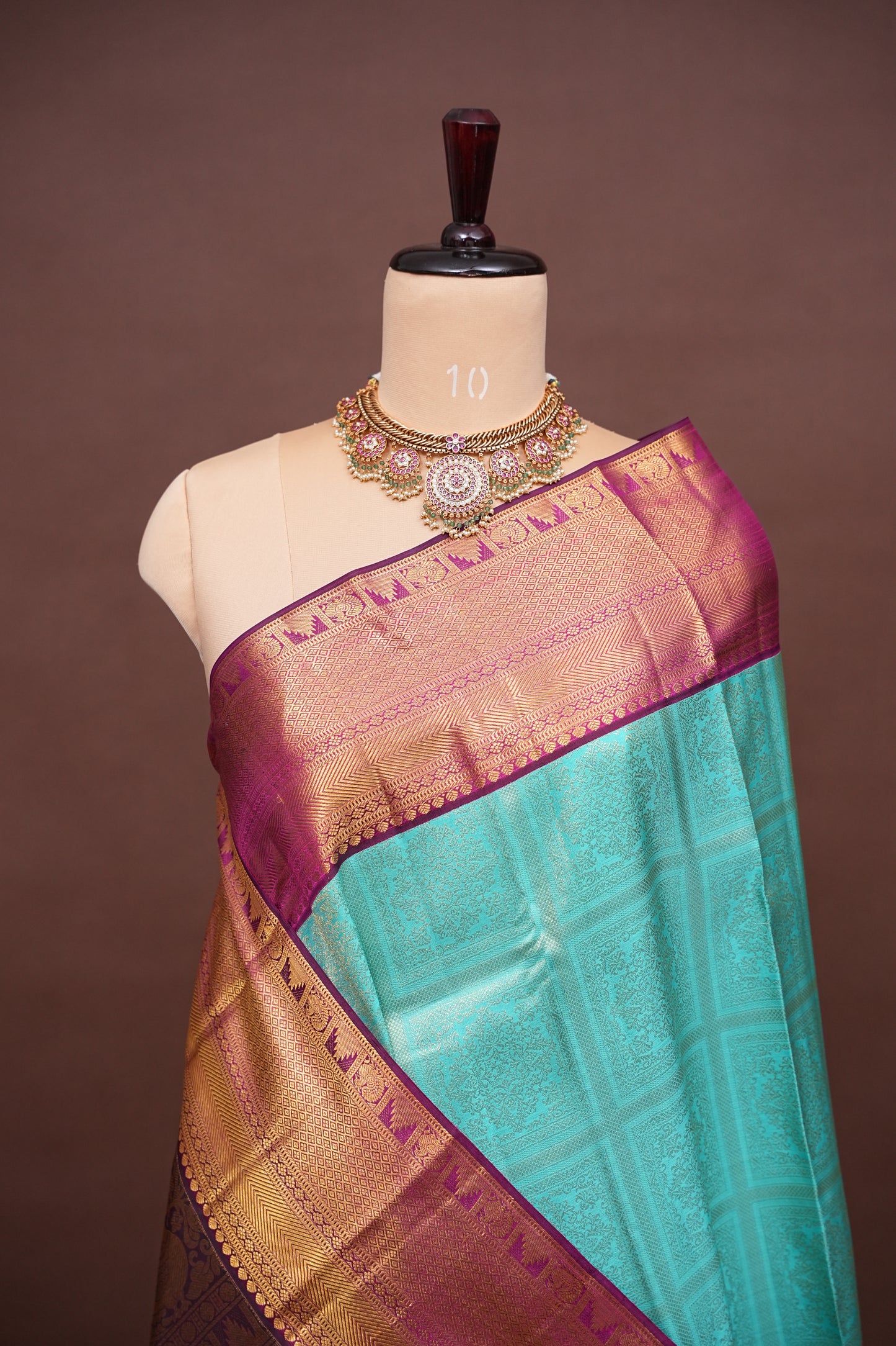 Aqua Blue Pure Kanchivaram Silk Saree with Contrast Purple Border & Rich 2 Gram Zari|Silk Mark Certified