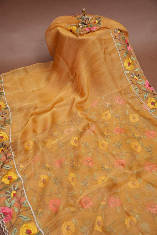 Soft Party Wear Organza Saree with Floral Embroidered Border - Mustard Yellow