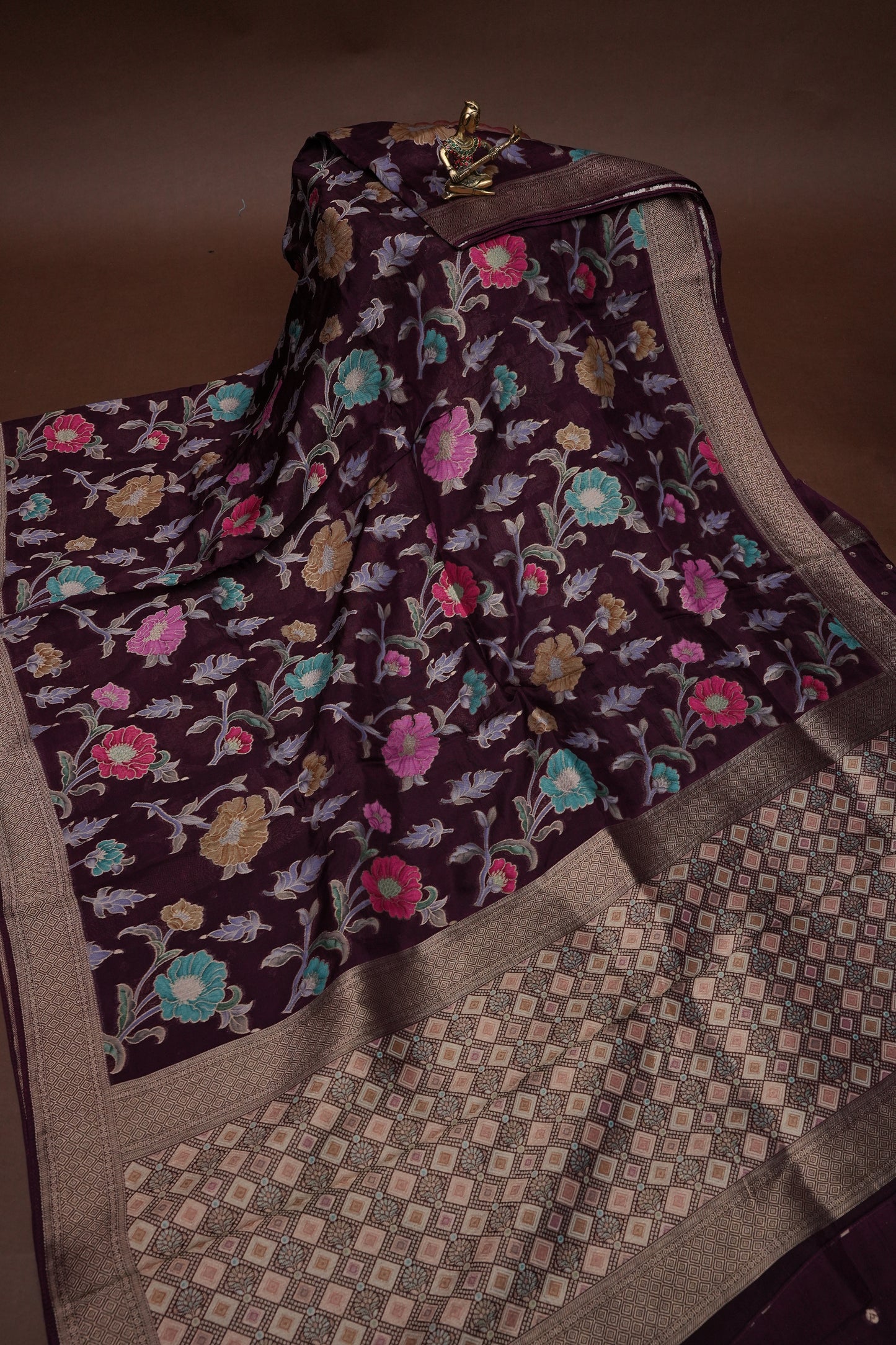 Tussar Banarasi Raw Silk Saree with Floral Paithani Weaves – Wine