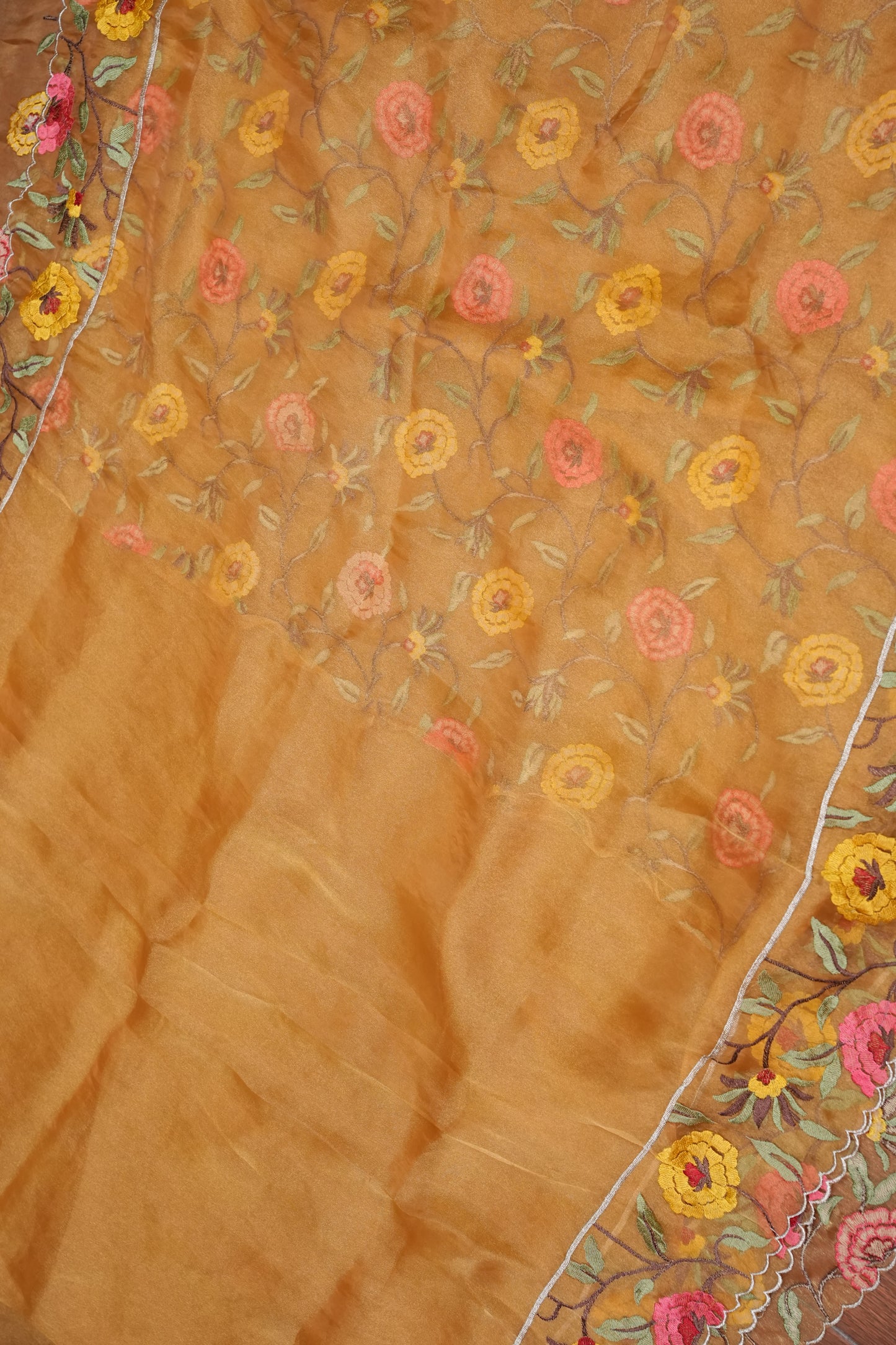 Soft Party Wear Organza Saree with Floral Embroidered Border - Mustard Yellow