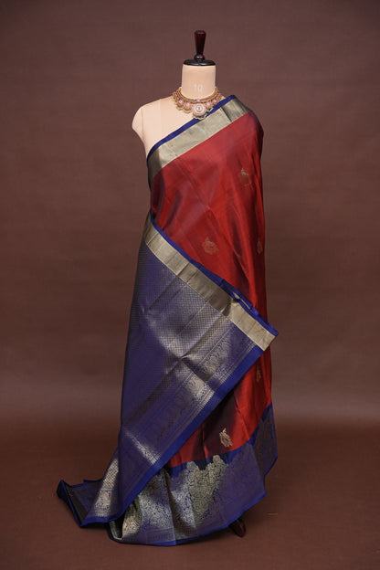 Rust & Navy Blue Pure Kanchivaram Silk Saree with Gold Zari Weave|Silk Mark Certified