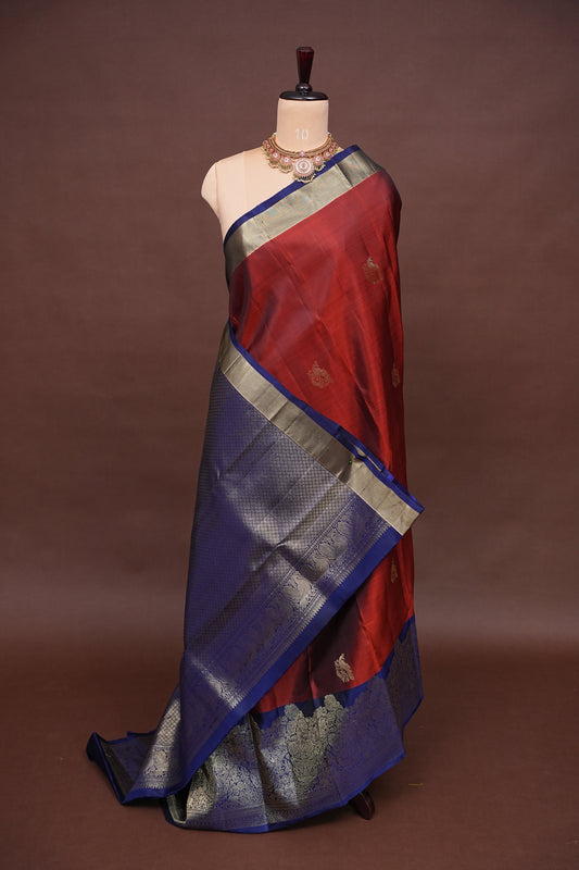 Rust & Navy Blue Pure Kanchivaram Silk Saree with Gold Zari Weave|Silk Mark Certified