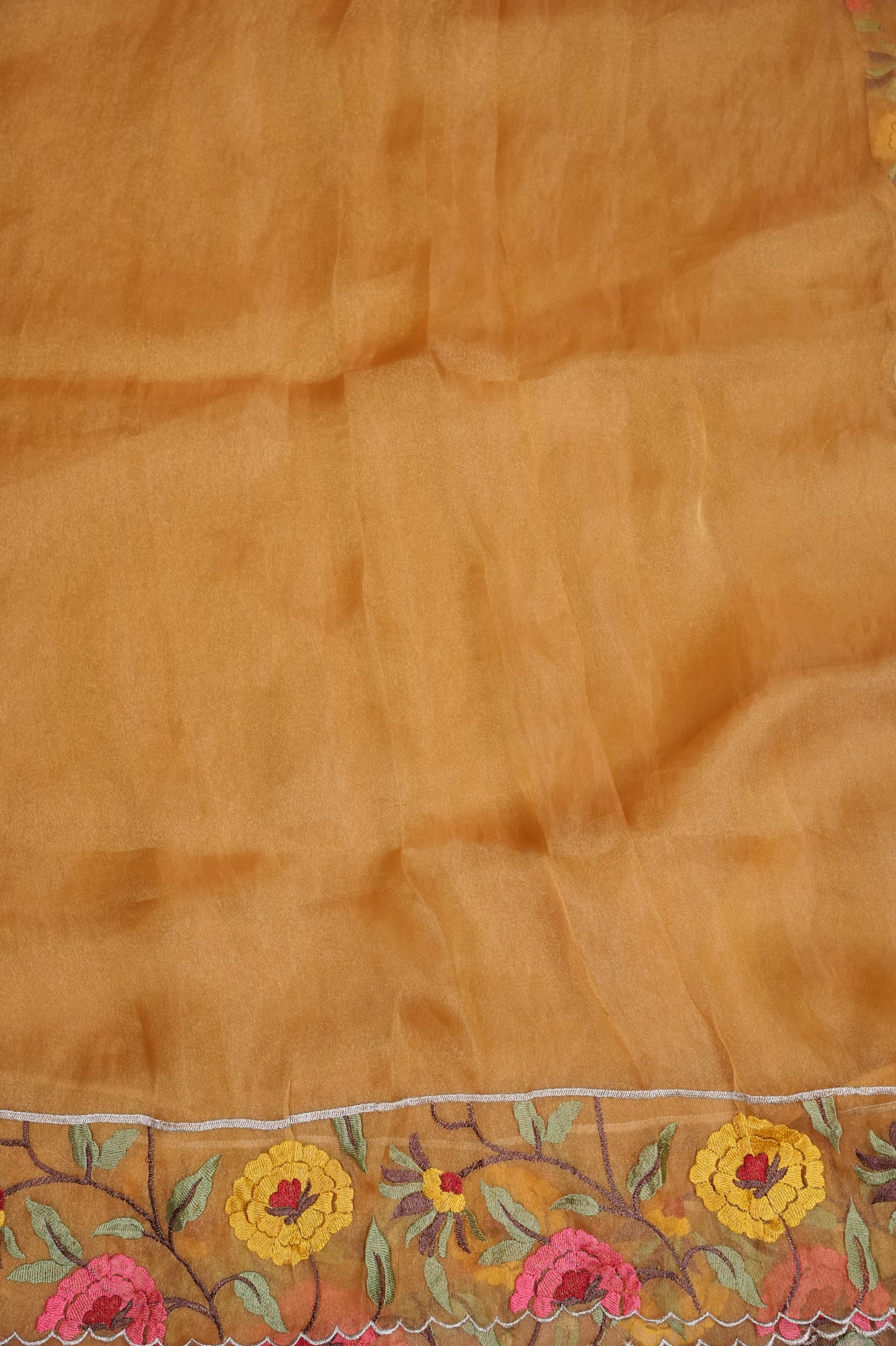 Soft Party Wear Organza Saree with Floral Embroidered Border - Mustard Yellow