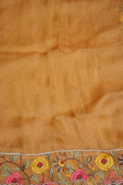 Soft Party Wear Organza Saree with Floral Embroidered Border - Mustard Yellow