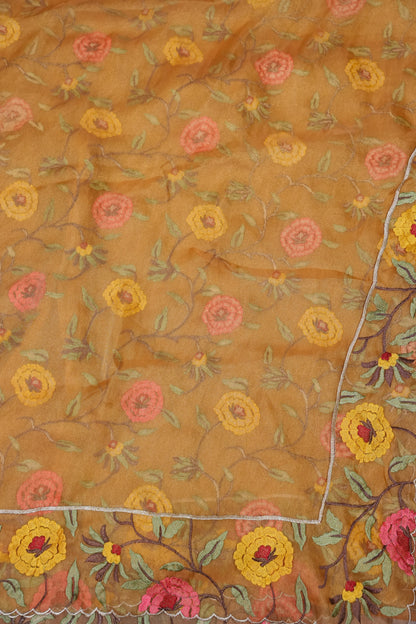 Soft Party Wear Organza Saree with Floral Embroidered Border - Mustard Yellow