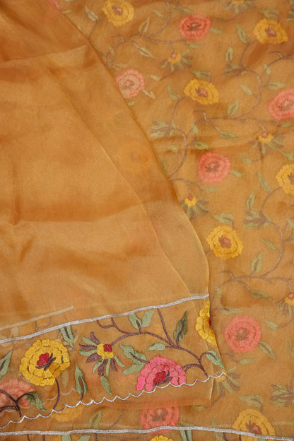 Soft Party Wear Organza Saree with Floral Embroidered Border - Mustard Yellow