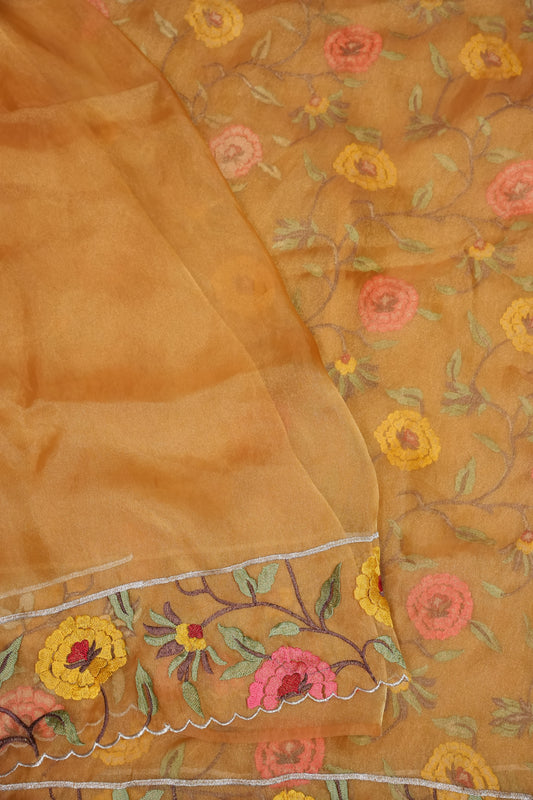 Soft Party Wear Organza Saree with Floral Embroidered Border - Mustard Yellow