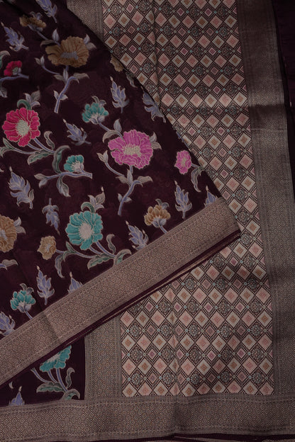 Tussar Banarasi Raw Silk Saree with Floral Paithani Weaves – Wine
