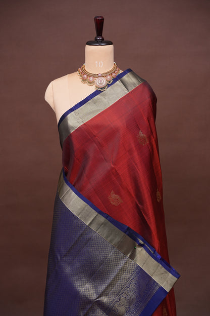 Rust & Navy Blue Pure Kanchivaram Silk Saree with Gold Zari Weave|Silk Mark Certified