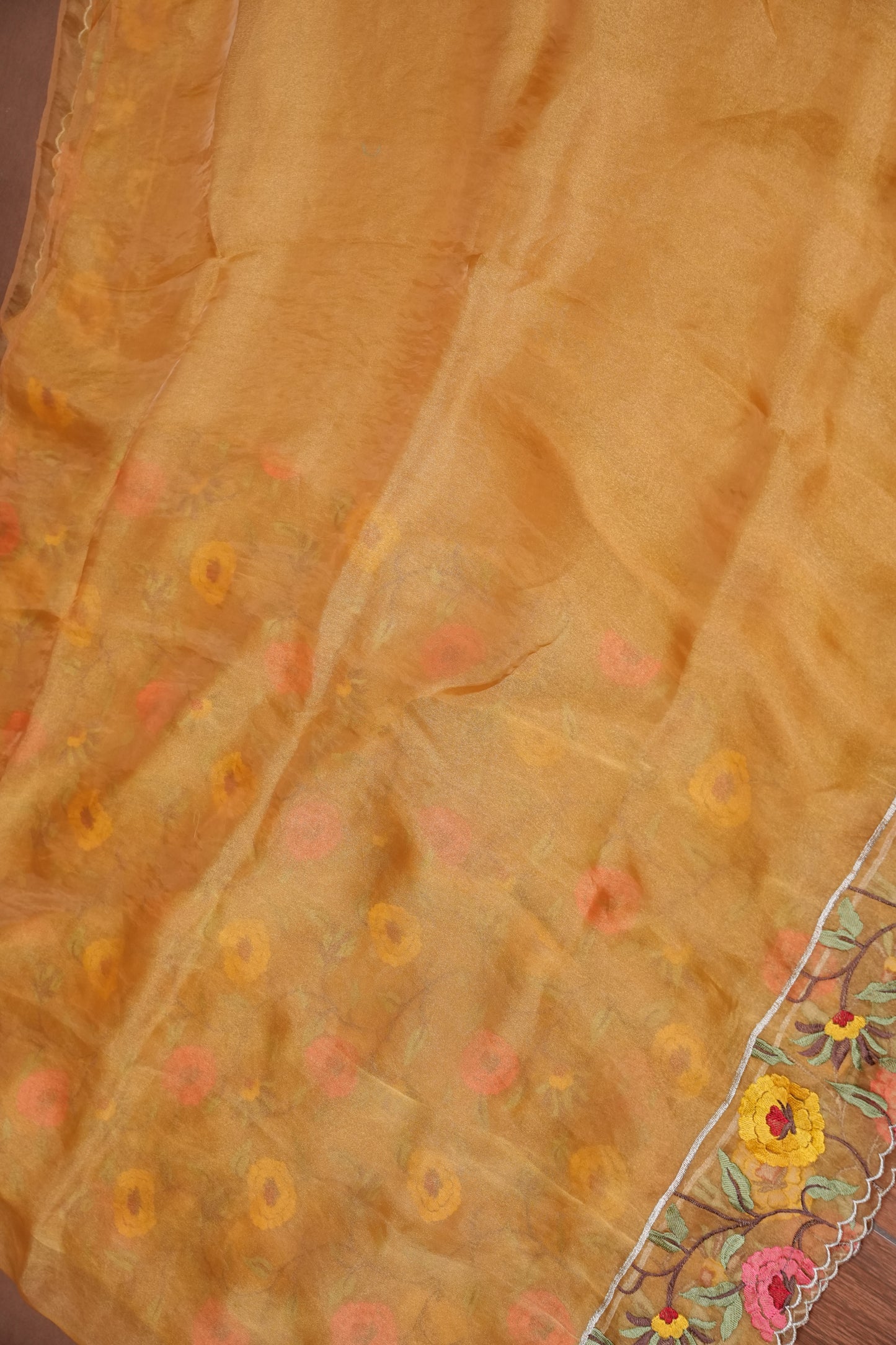 Soft Party Wear Organza Saree with Floral Embroidered Border - Mustard Yellow