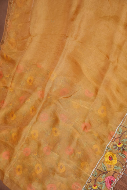 Soft Party Wear Organza Saree with Floral Embroidered Border - Mustard Yellow