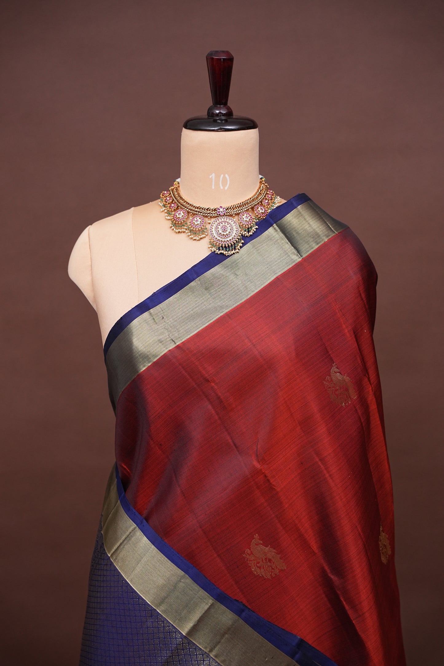 Rust & Navy Blue Pure Kanchivaram Silk Saree with Gold Zari Weave|Silk Mark Certified