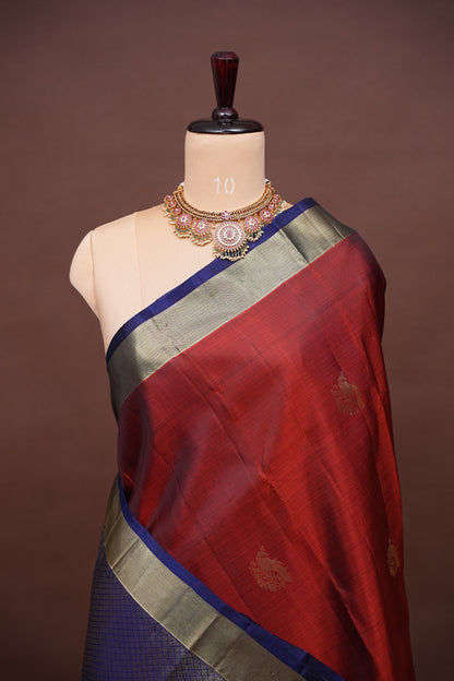 Rust & Navy Blue Pure Kanchivaram Silk Saree with Gold Zari Weave|Silk Mark Certified