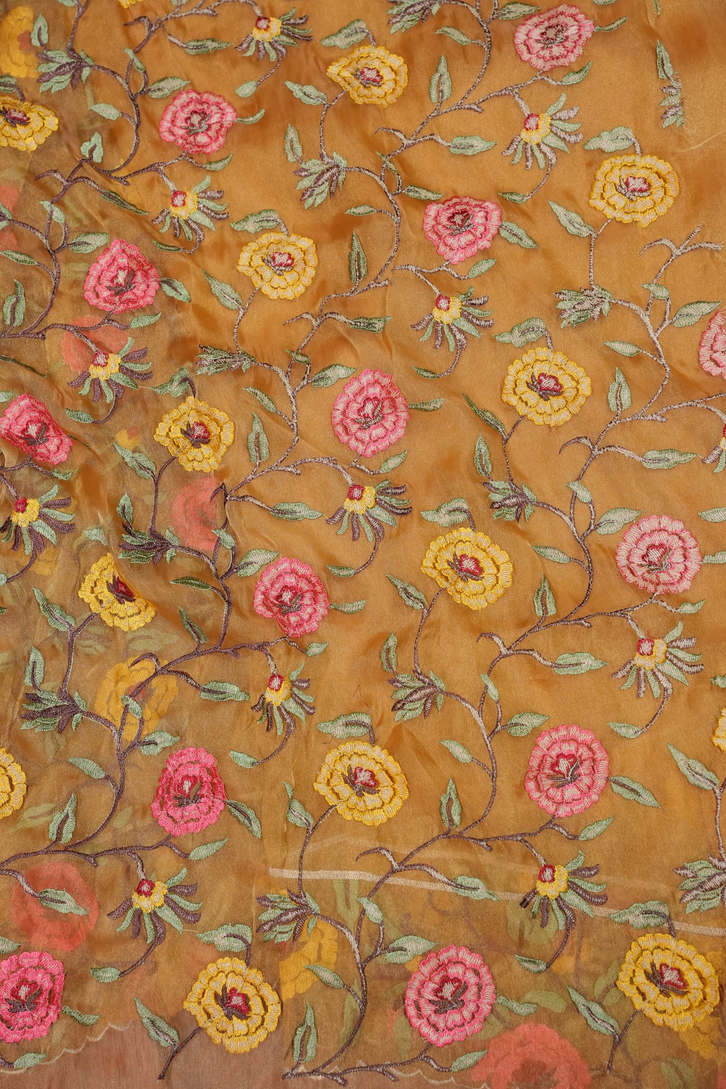 Soft Party Wear Organza Saree with Floral Embroidered Border - Mustard Yellow