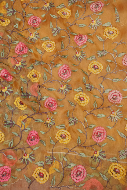 Soft Party Wear Organza Saree with Floral Embroidered Border - Mustard Yellow