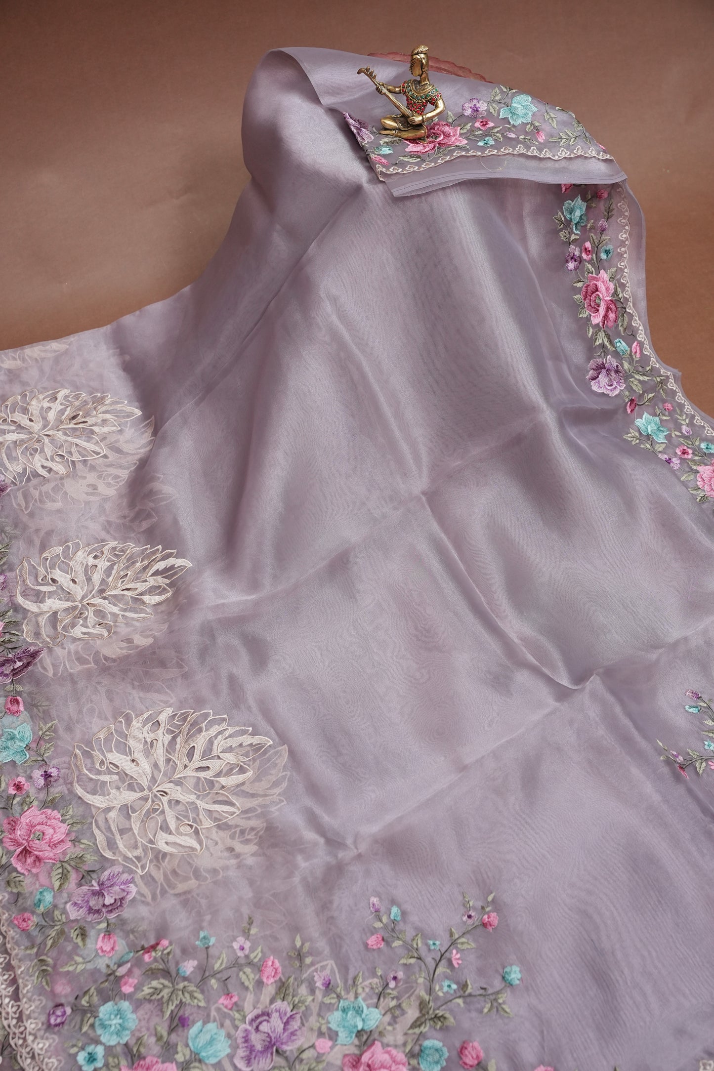 Party Wear Pure Organza Saree with Floral Embroidered Border - Light Lavender Pastel