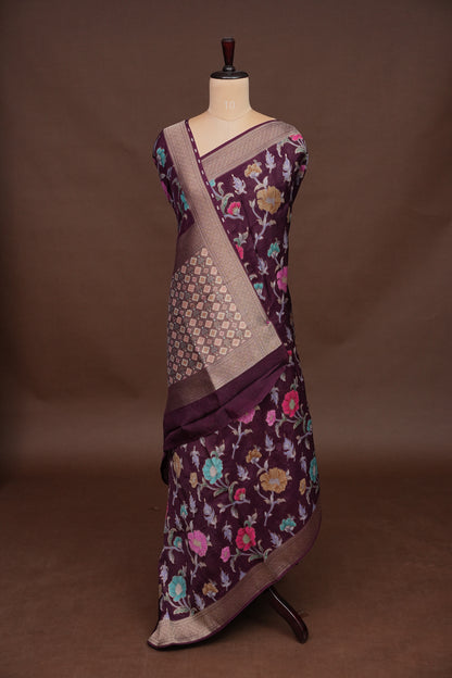 Tussar Banarasi Raw Silk Saree with Floral Paithani Weaves – Wine