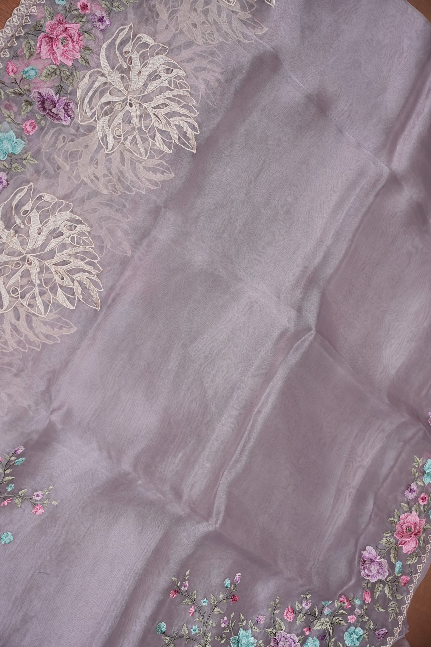 Party Wear Pure Organza Saree with Floral Embroidered Border - Light Lavender Pastel