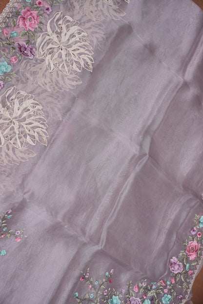 Party Wear Pure Organza Saree with Floral Embroidered Border - Light Lavender Pastel