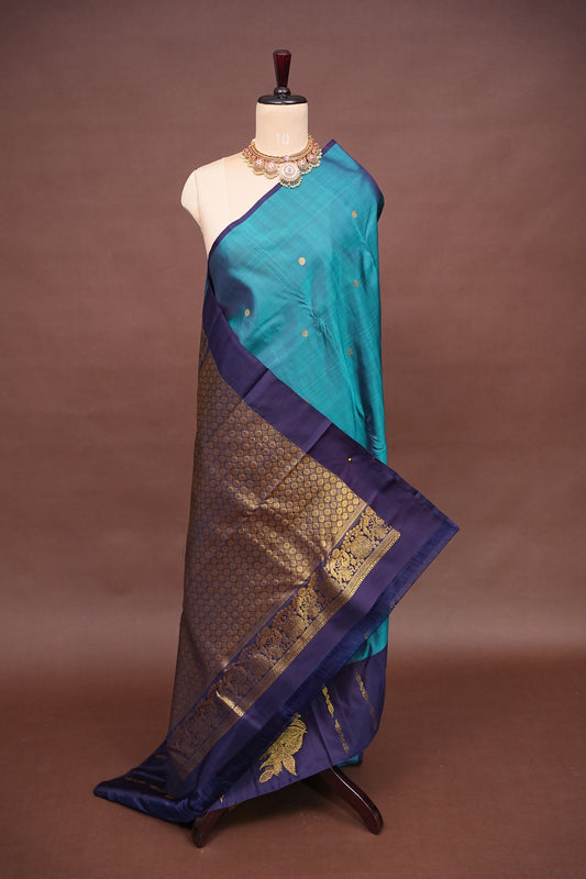 Pure Kanchivaram Silk Saree with Rich Gold Zari Pallu - Teal Blue & Navy Border