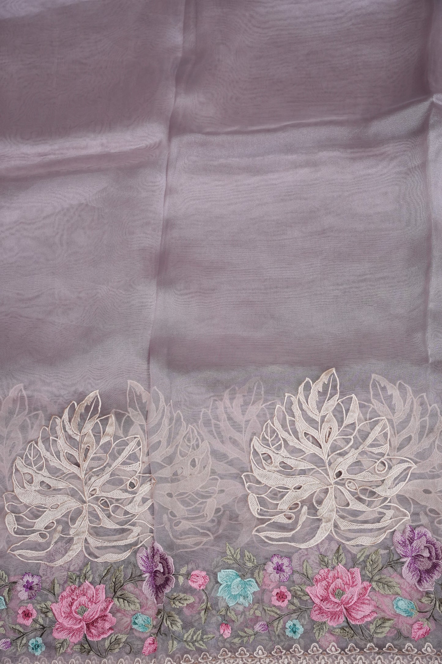 Party Wear Pure Organza Saree with Floral Embroidered Border - Light Lavender Pastel
