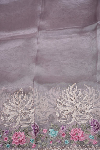 Party Wear Pure Organza Saree with Floral Embroidered Border - Light Lavender Pastel