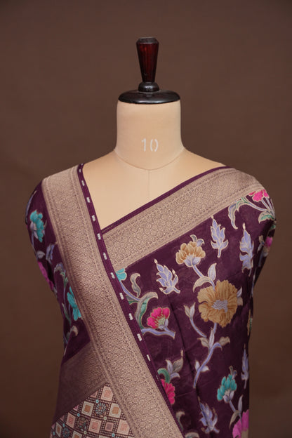 Tussar Banarasi Raw Silk Saree with Floral Paithani Weaves – Wine