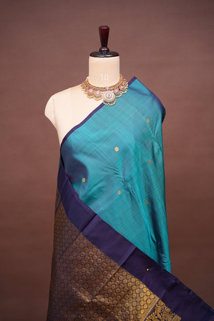 Teal Blue & Navy Border Pure Kanchivaram Silk Saree with Rich Gold Zari Pallu|Silk Mark Certified